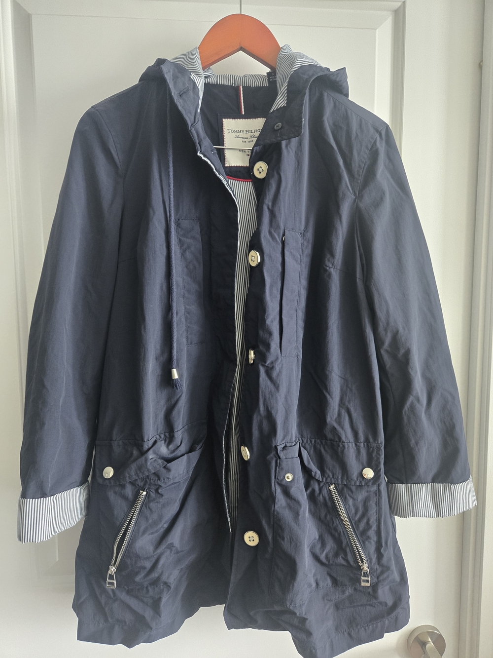 Tommy Hilfiger Navy Jacket with Red Trim and Striped Lining